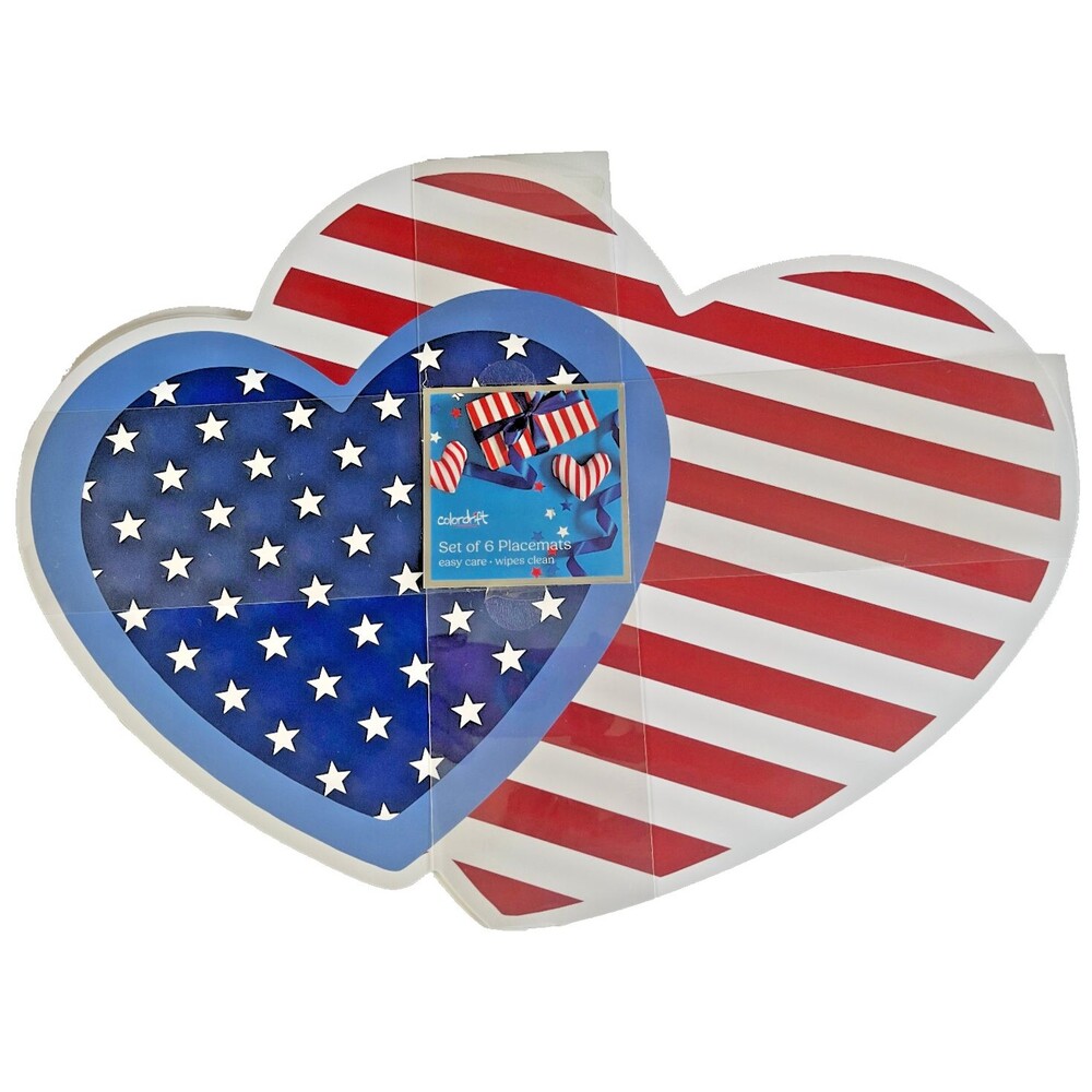 Heart Flag Placemats Red White Blue Set of 6 Vinyl Foam Back 15x20 July 4th